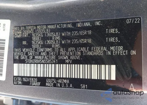 2022 Toyota Highlander Xle z USA, uszkodzony, nr VIN 5TDHZRBH5NS585341